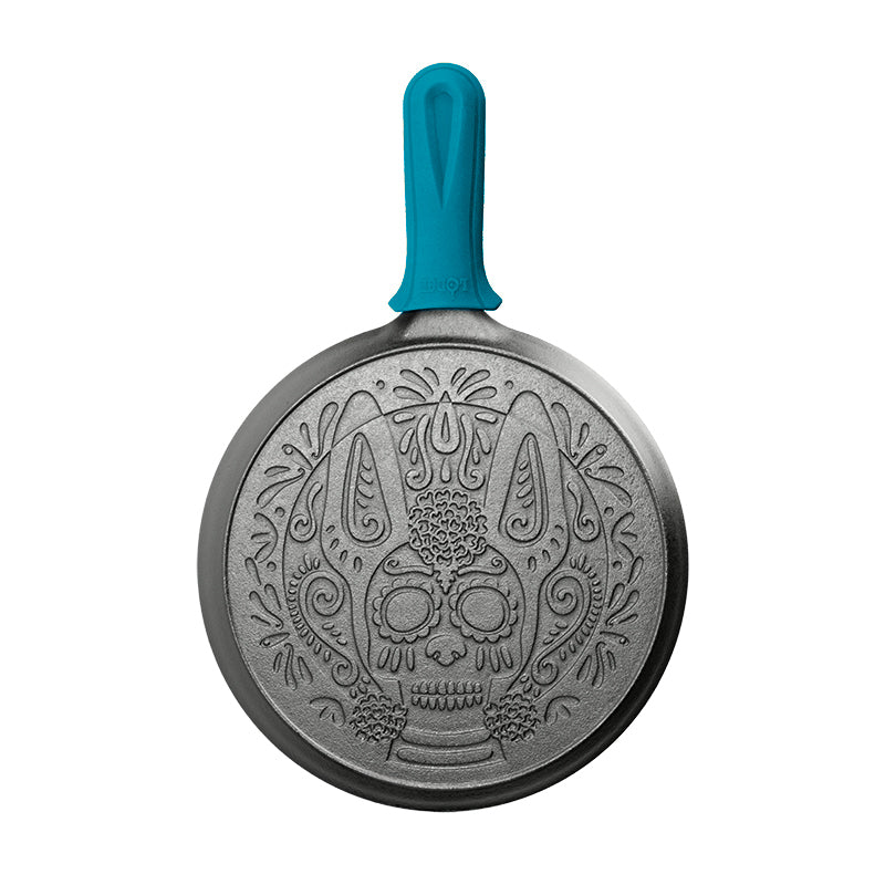 10.5 Inch Seasoned Cast Iron Xolo Sugar Skull Griddle with Deluxe Handle Holder - Image 2